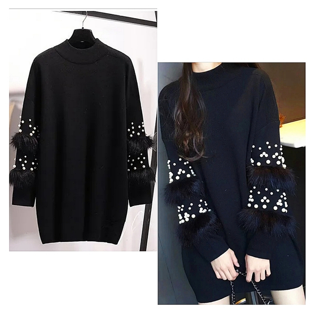 Allison New York Black Fur Sleeve Pearl Embellished Sweater Dress